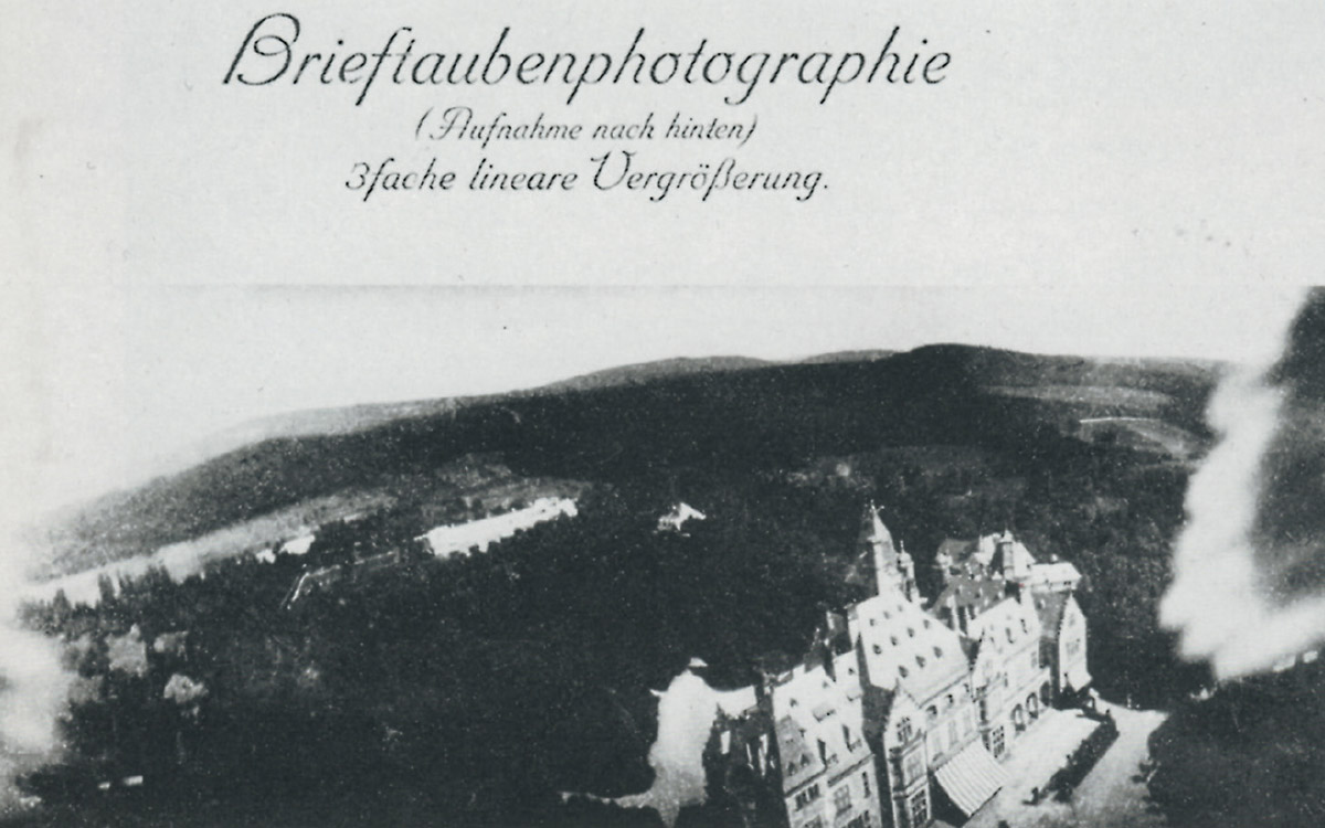 Aerial photograph of a castle, taken by a pigeon, circa 1908.