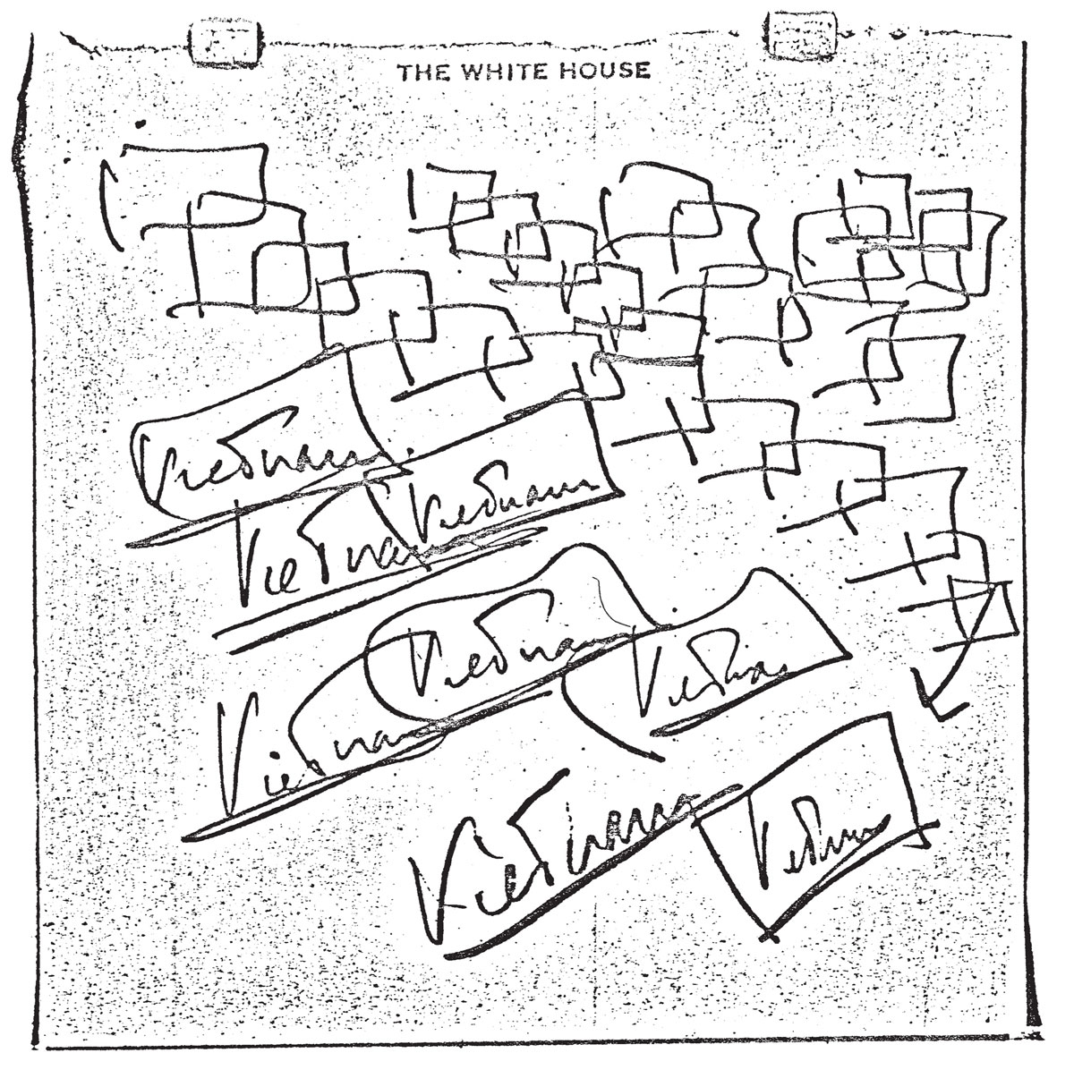 Frantic, boxy doodles, reading “Vietnam” by Kennedy.