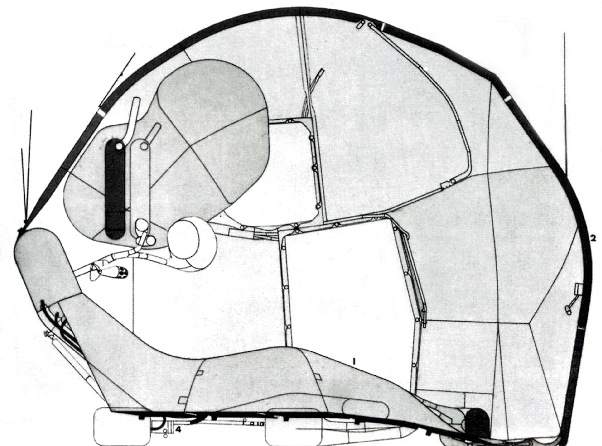 Drawing of stage 6 of Archigram’s Cushicle, expanded to create a complete environment for the wearer. 