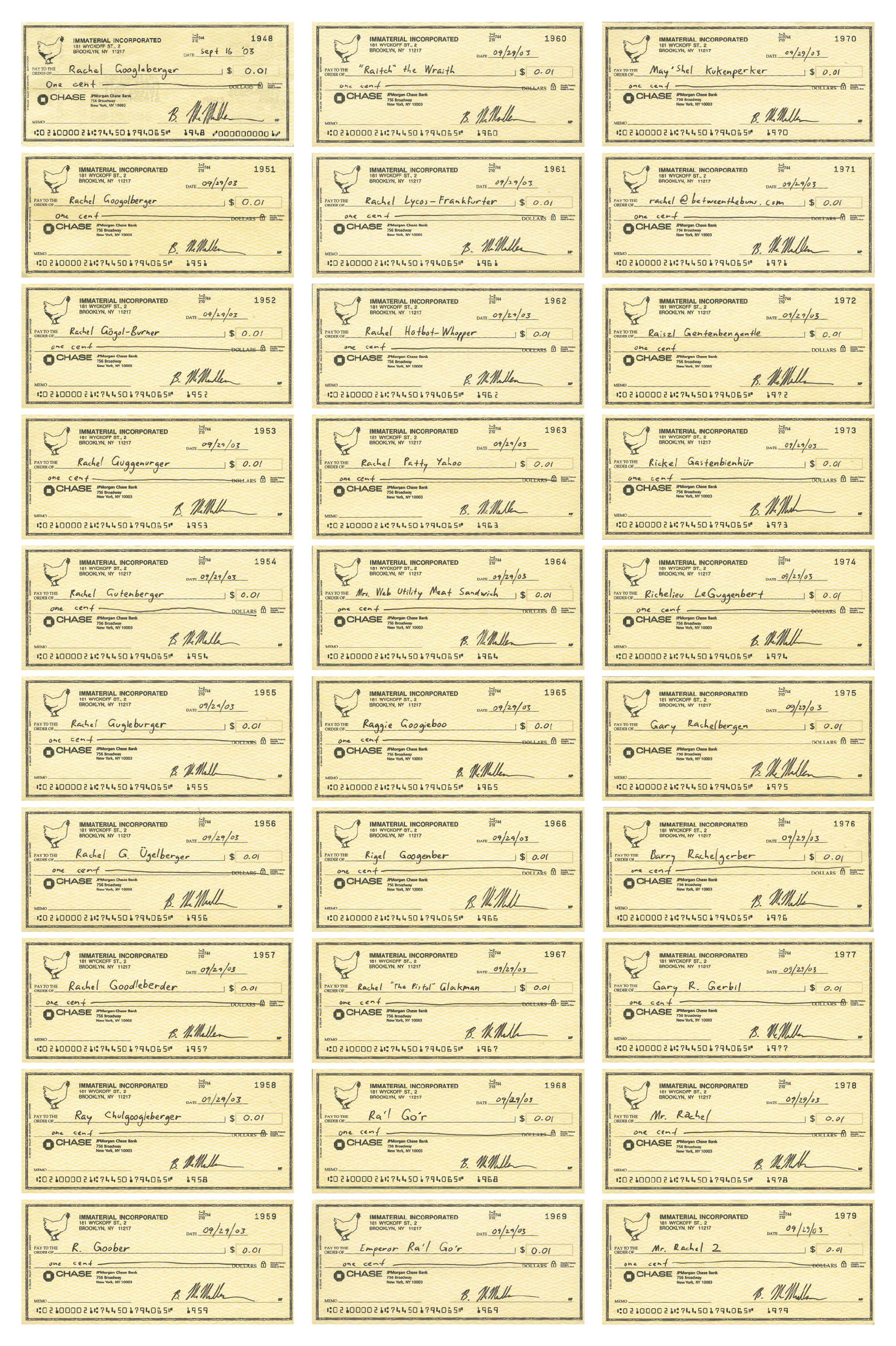 A photograph of many checks laid out side by side, each made out to a strange variation on the name Rachel Gugelberger.