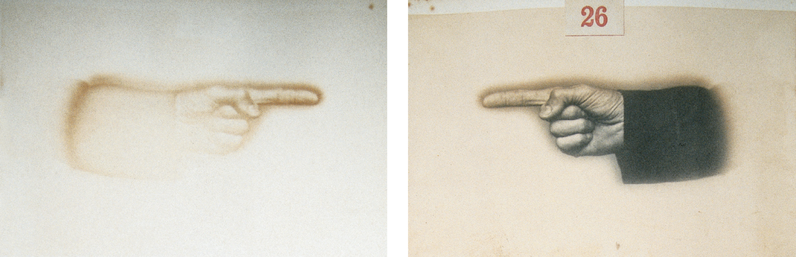 Two adjacent pages from “The Album of Unwritten Work.” On the right is a photograph depicting a disembodied hand performing a secret gesture, and on the facing page is the ghostly mirror image of the hand, which has been produced by a chemical reaction.