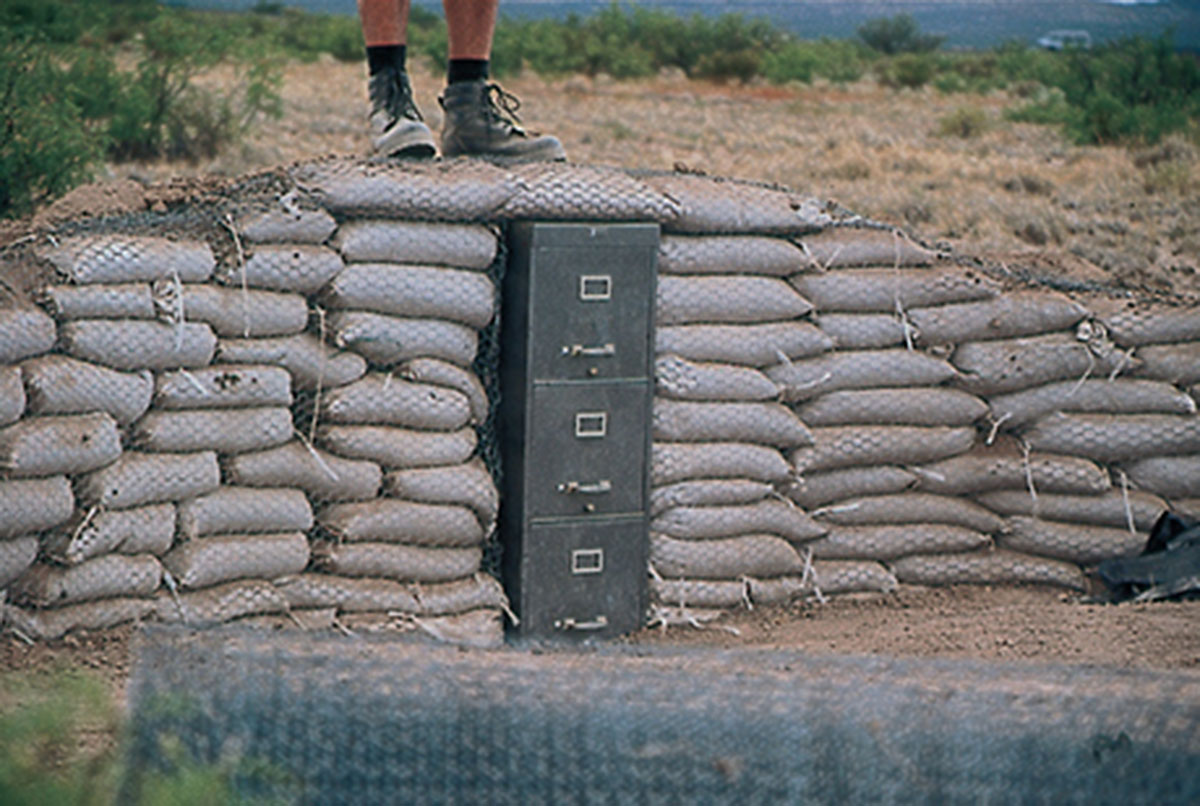 A photograph of the completed earthbag wall.