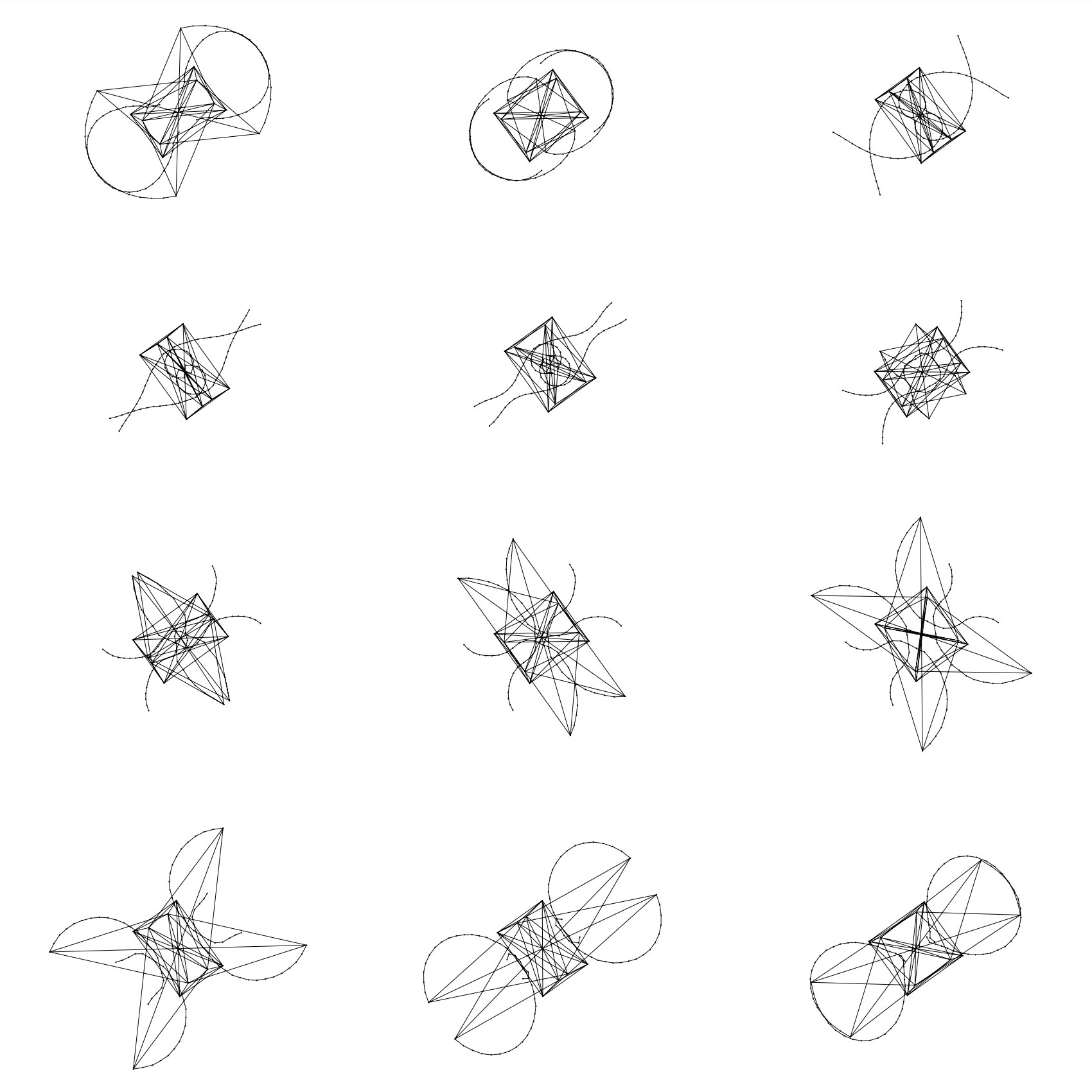 A series of digital illustrations by Sodaconstructor user Kevin Okada showing his progression of creating a model. He titled this form “LOVE”, a model that resembles psychedelic jellyfish and hypnotic mechanical butterflies. Like Inspyre, Love is also driven by a central motor. This time, however, the basic mechanism is enhanced by two arm-like structures that impart a kind of swimming motion. “It’s almost like doing the breaststroke,” says Okada. “The arms reach out in front and then snap back, pulling the mechanism in again.” The flex chains themselves act like streamers. Because each point mass has a virtual weight, the chain has an inherent inertia, which causes the elegant trailing motion.