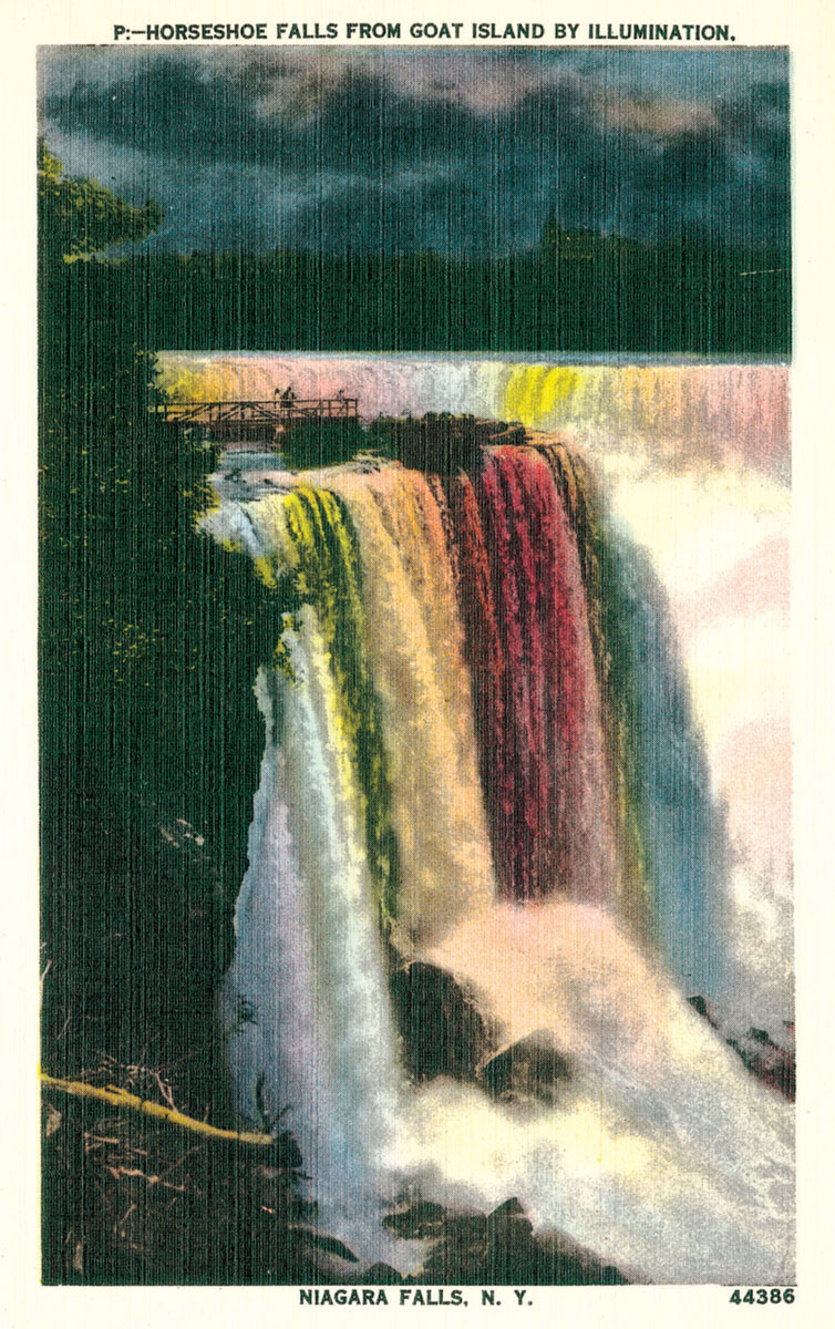 A postcard depicting an image of Niagara Falls illuminated by floodlighting. The postcard’s reverse reads “This new enhancement of America’s beauty resources is nothing more than the Falls, under flood lighting for four hours each night. Their own power has been taken from them, brought under the control of man, and then turned back upon the power creator itself, and we get a new beauty, ten-fold greater than any beauty known at the Falls before man took hold to conquer them for service.”
