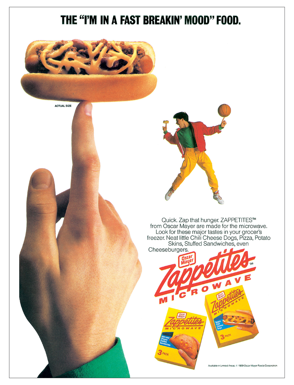 A nineteen eighty nine magazine advertisement for Oscar Mayer Zappetites.