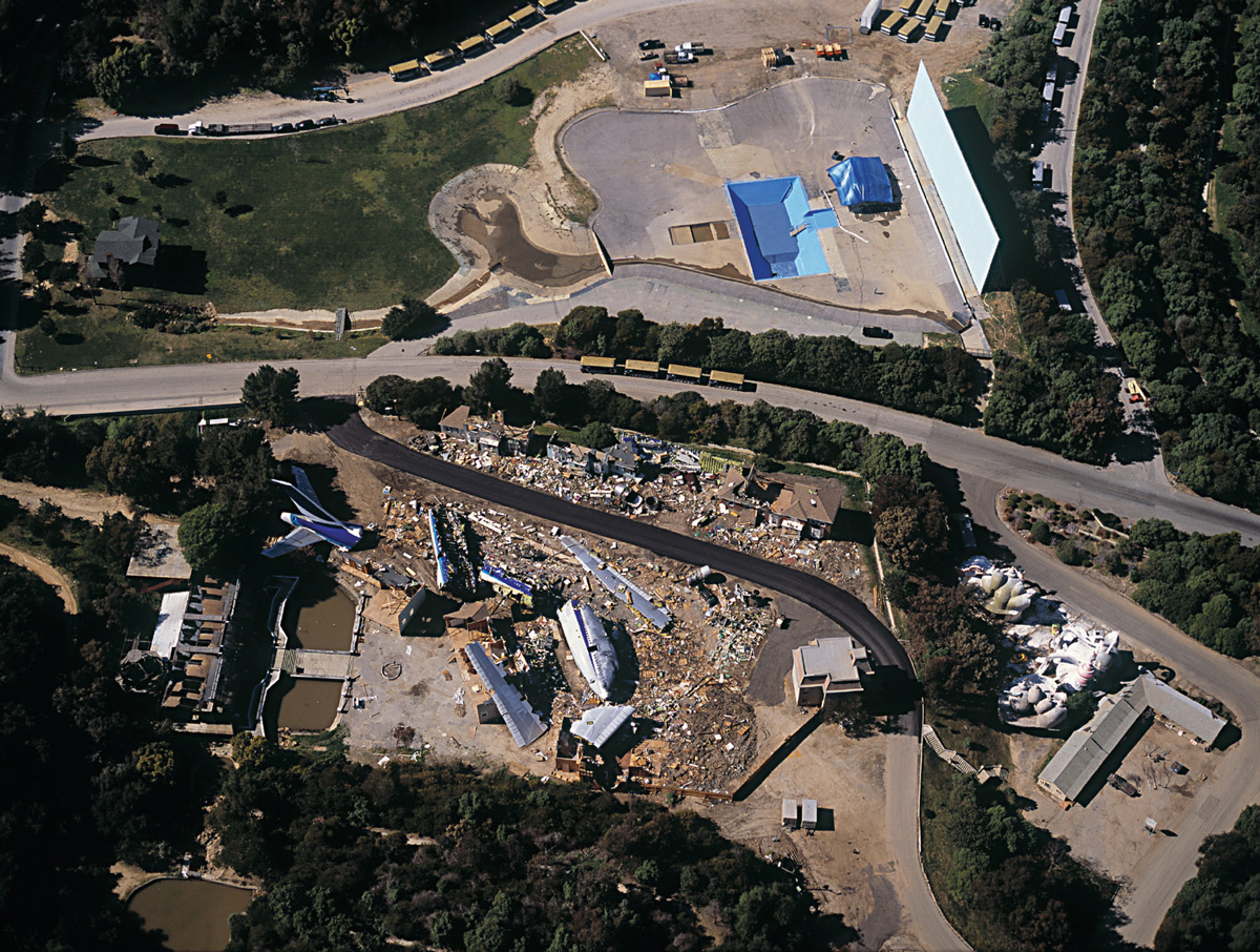 An aerial photograph of a plane disaster scene set for the film 