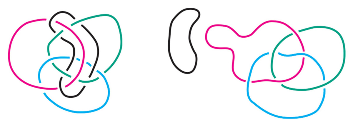 Two images diagramming a subject undergoing Lacanian analysis. The first image depicts the subject with its symptom; in the second, the symptom has been unlocked from the subject.