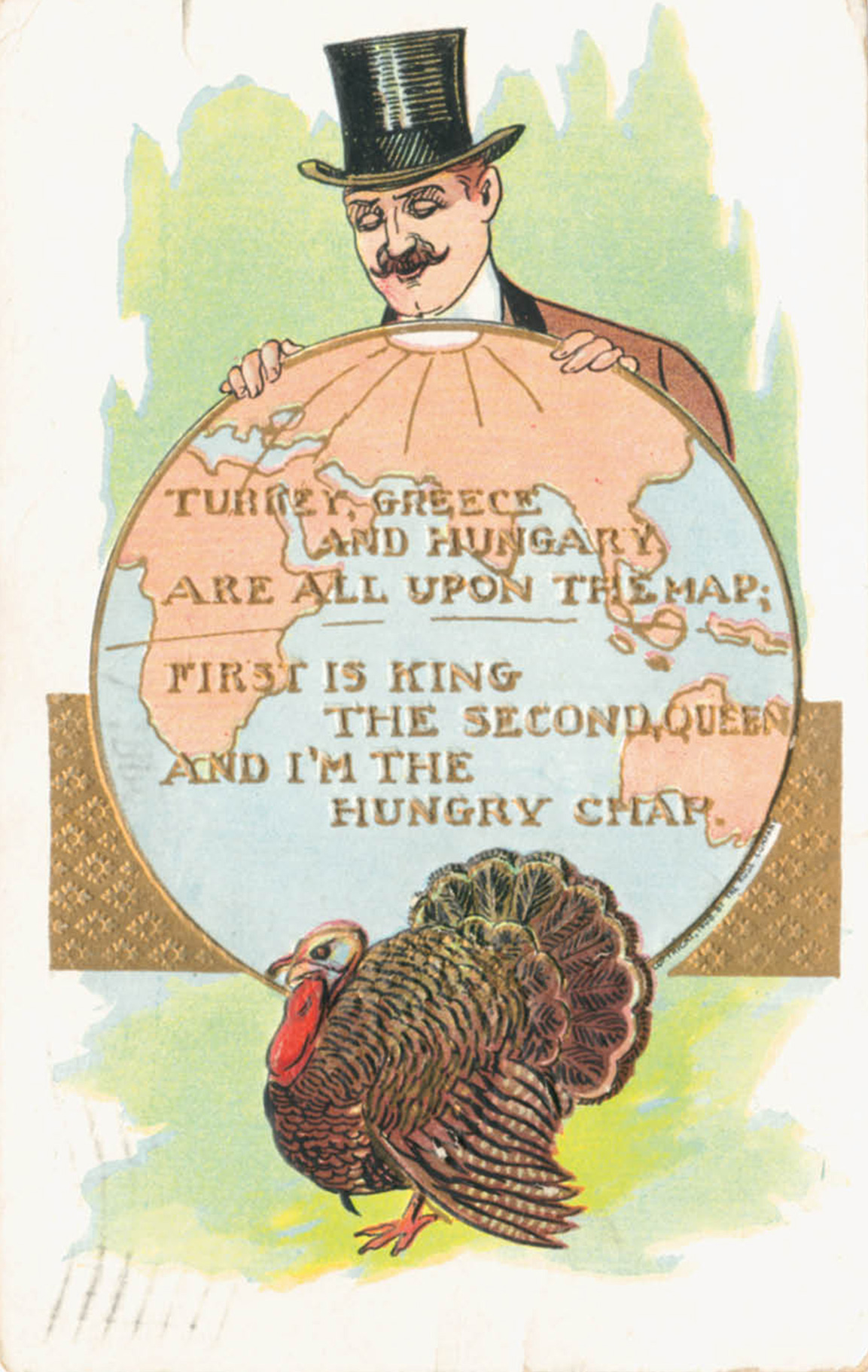 An American postcard celebrating the turkey, circa eighteen eighty to nineteen twenty.