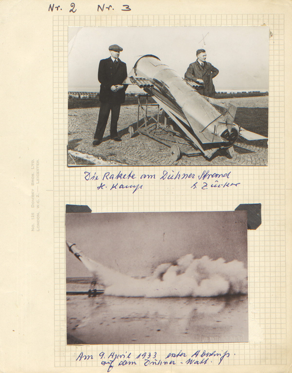 A page from the scrapbook with two images, one showing Zucker leaning against the rocket used in the launch at Duhnen, Germany, in 1933, and a photo of the launch itself.
