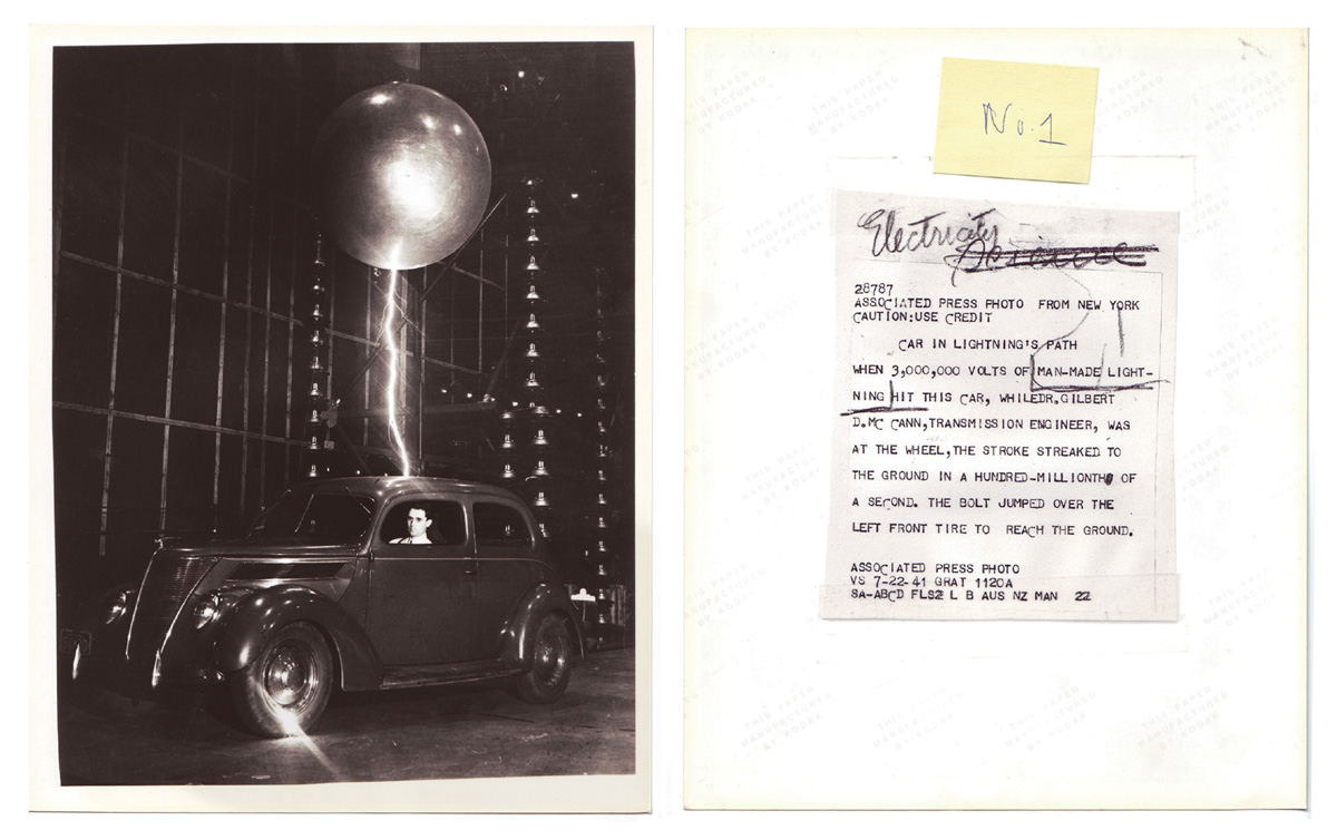 A photograph of a man sitting a car being struck by man-made lightning, along with an explanatory AP caption.