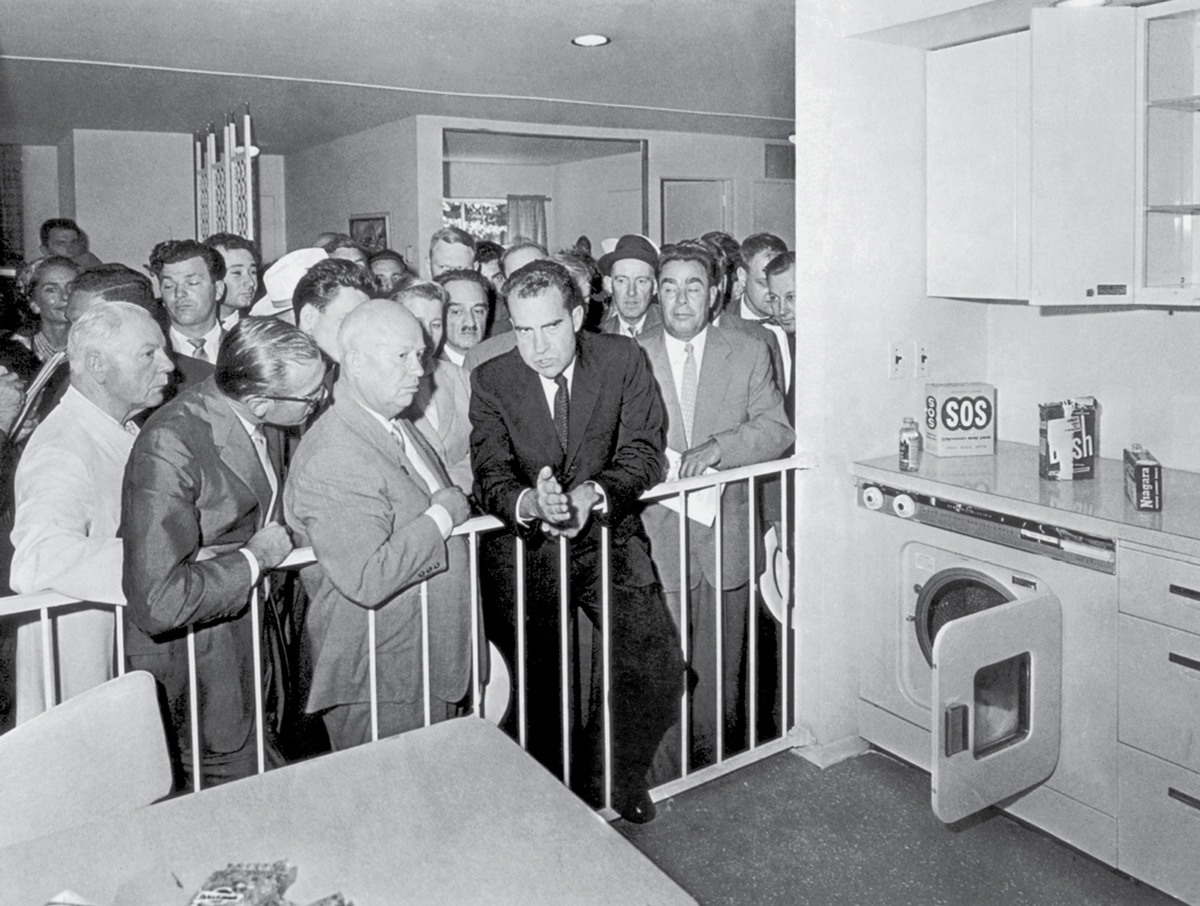 A photograph of the Kitchen Debate between Soviet Premier Nikita Khrushchev and US Vice-President Richard Nixon, 24 July nineteen fifty nine.