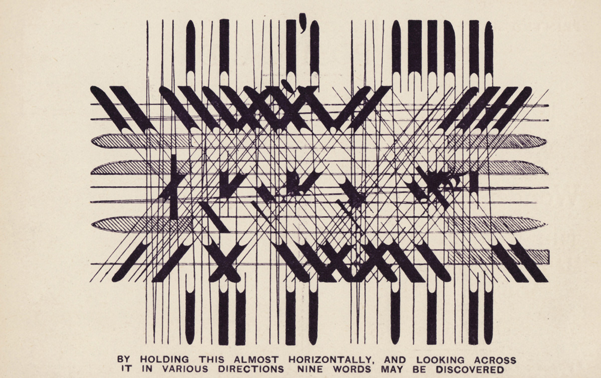 An anamorphic advertising postcard for “Maskelyne’s Mysteries” at St. George’s Hall, London, circa nineteen twenty six.