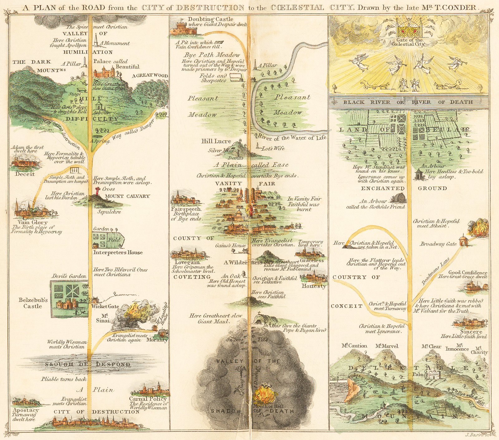 Thomas Conder’s allegorical map illustrated in a seventeen seventy-eight edition of John Bunyan’s “A Pilgrim’s Progress”, originally published in sixteen seventy-eight. Sloth is hanged, along with Simple and Presumption, on the road past Mount Cavalry and the Slough of Despondency.