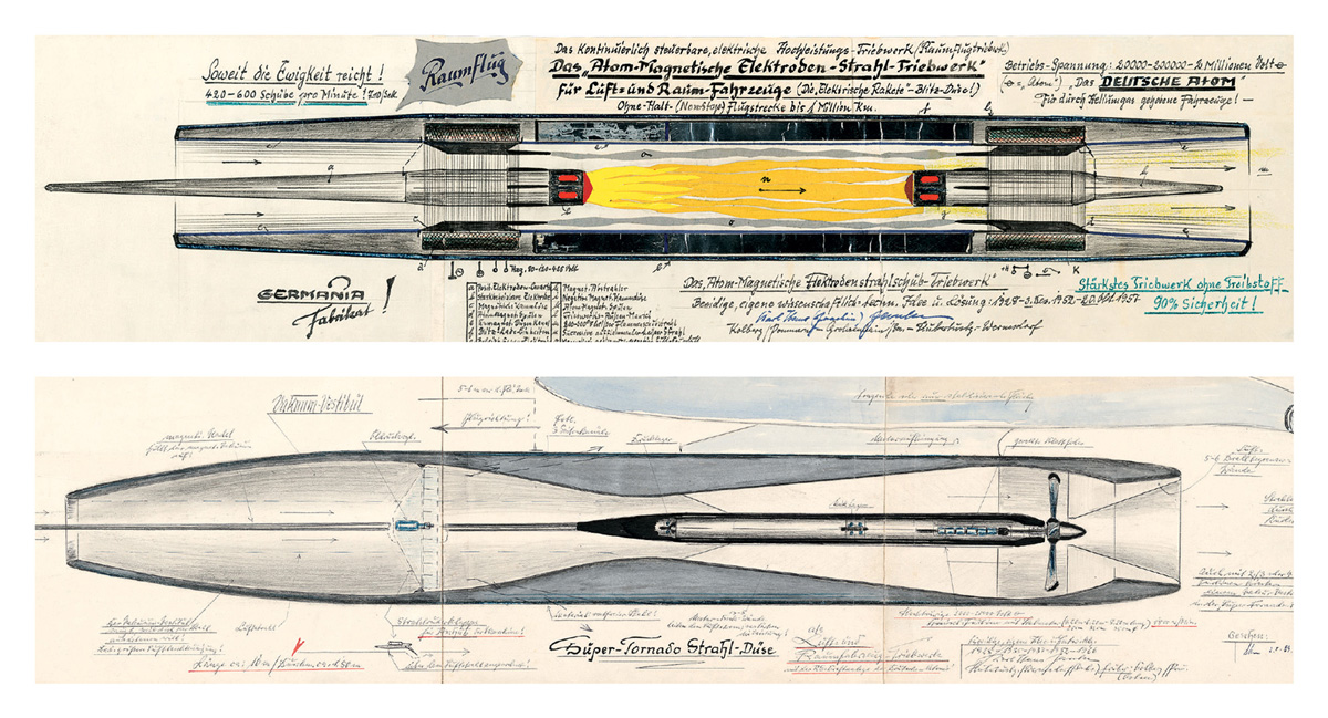 Two undated horizontal drawings by Karl Hans Janke. One of them includes a reference to the “German atom.”