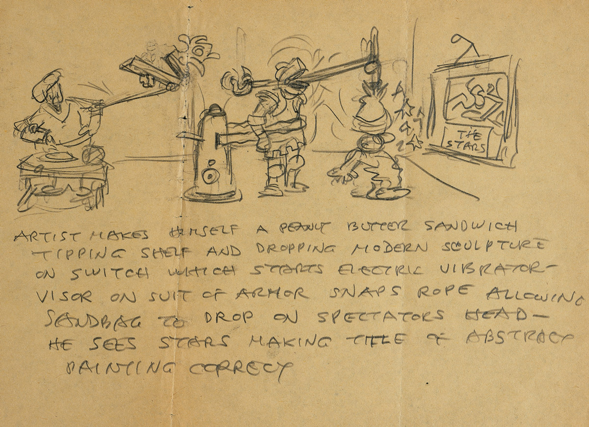 A sketch from around 1914 by artist Rube Goldberg showing a series of chain reactions beginning with an artist making himself a peanut butter sandwich.