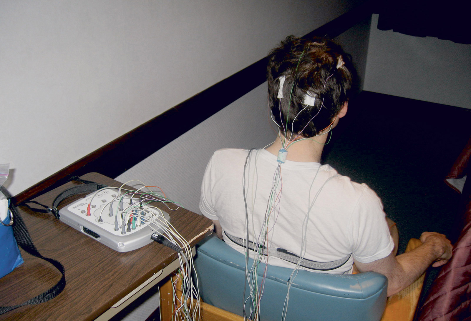 A photograph of Aaron Levy in his private monitoring suite at the Center for Sleep Medicine at Northern Westchester Hospital, New York. 