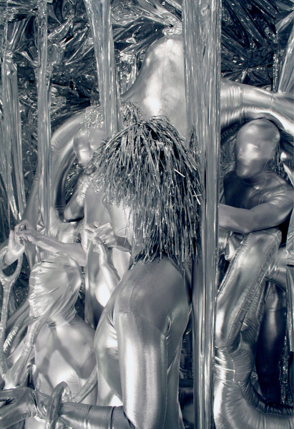 A photograph of an all silver art installation. 