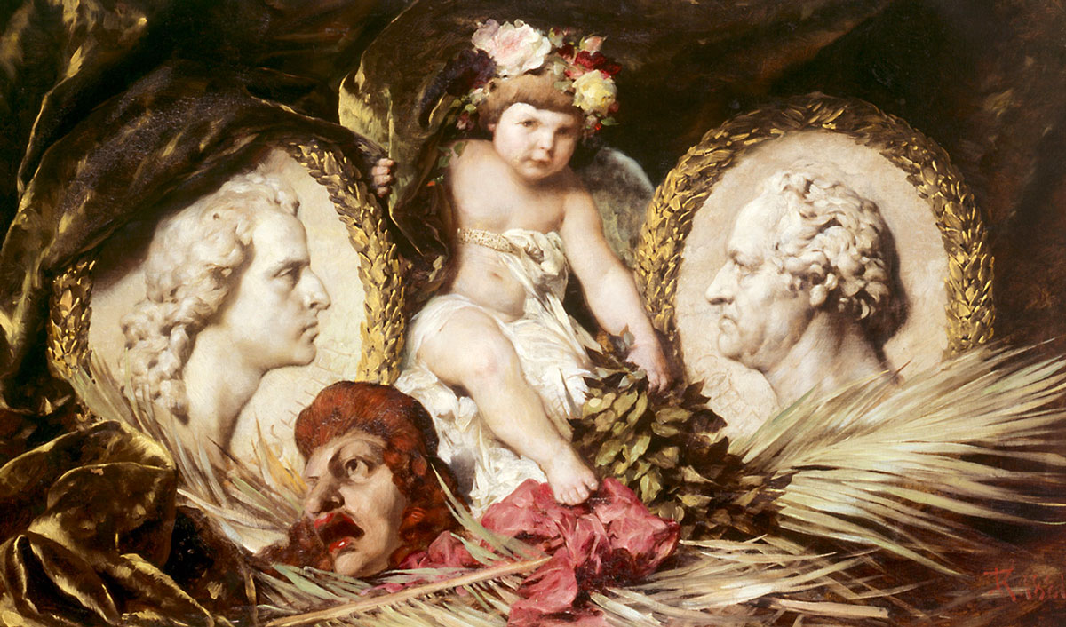 An 1881 painting by Ferdinand Keller titled “Putto with medallion portraits of Friedrich von Schiller and Johann Wolfgang von Goethe.”