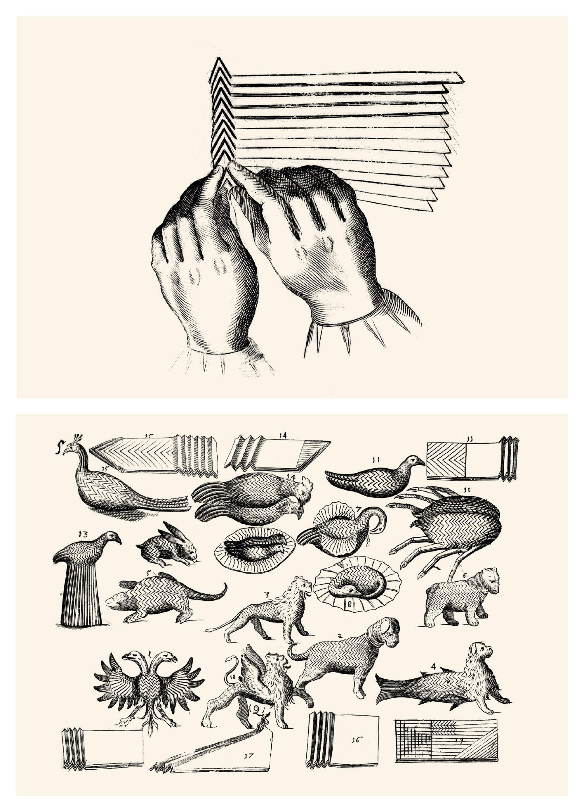 Two pages from Mattia Giegher’s 1639 “The Three Treaties” which demonstrate the art of folding napkins. 