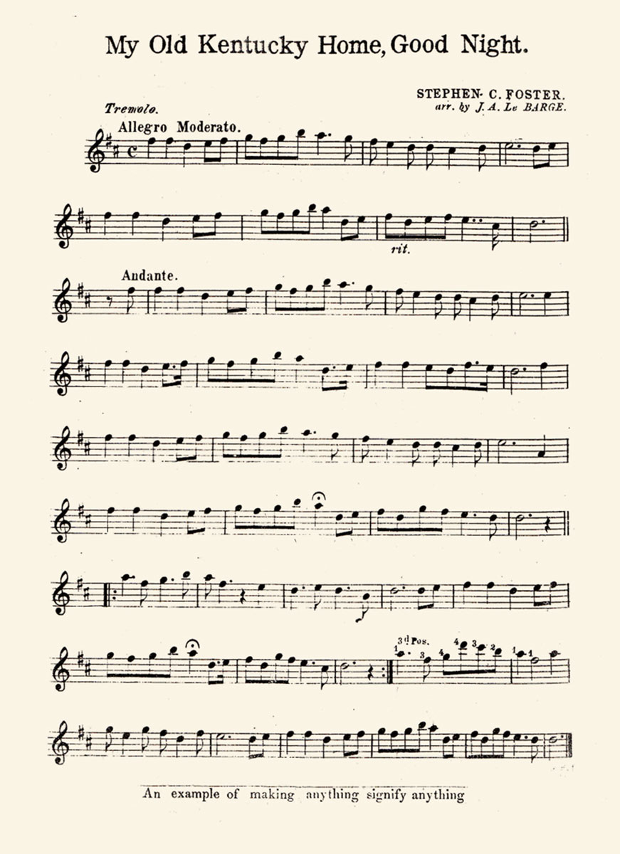 A sheet of music, first published by William F. Friedman in nineteen oh three, titled “My Old Kentucky Home, Good Night.” The music refashions Stephen Foster’s popular song into a military communiqué. The coded message reads, “Enemy advancing right / We march at daybreak.” 