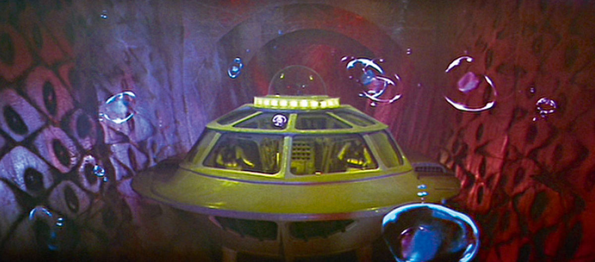 A film still of microscopic voyagers from Richard Fleischer’s nineteen sixty-six “Fantastic Voyage.”