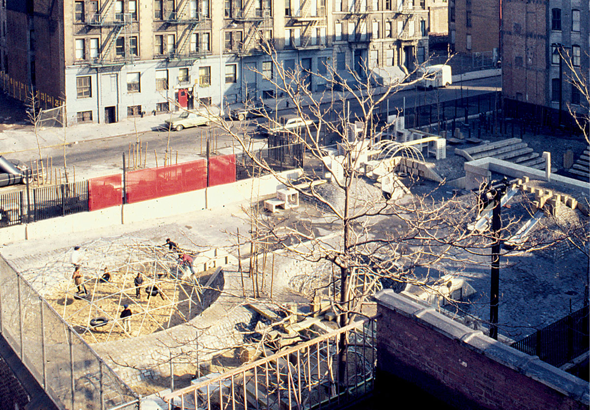 A photograph of Public School one sixty-six’s playground, on the Upper West Side of Manhattan, designed by Friedberg.