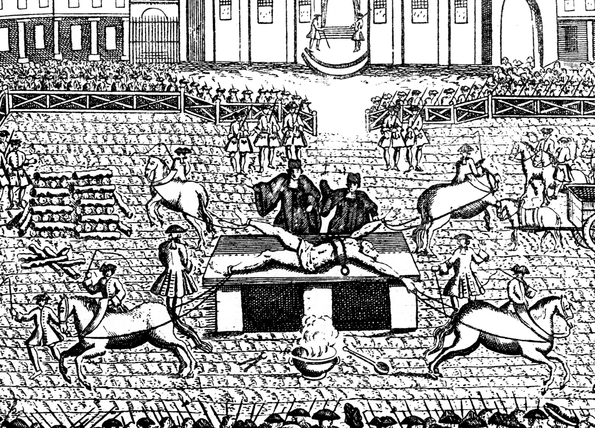 A detail of an engraving showing the quartering of Robert-François Damiens at Place de Grève, Paris, on 28 March seventeen fifty-seven.