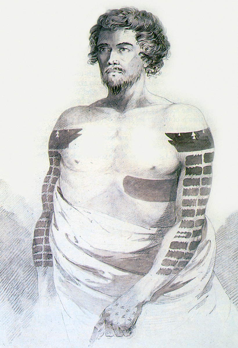 John Webber’s seventeen seventy-seven artwork titled “A Portrait of a Chief of Oparapora (Borabora).”