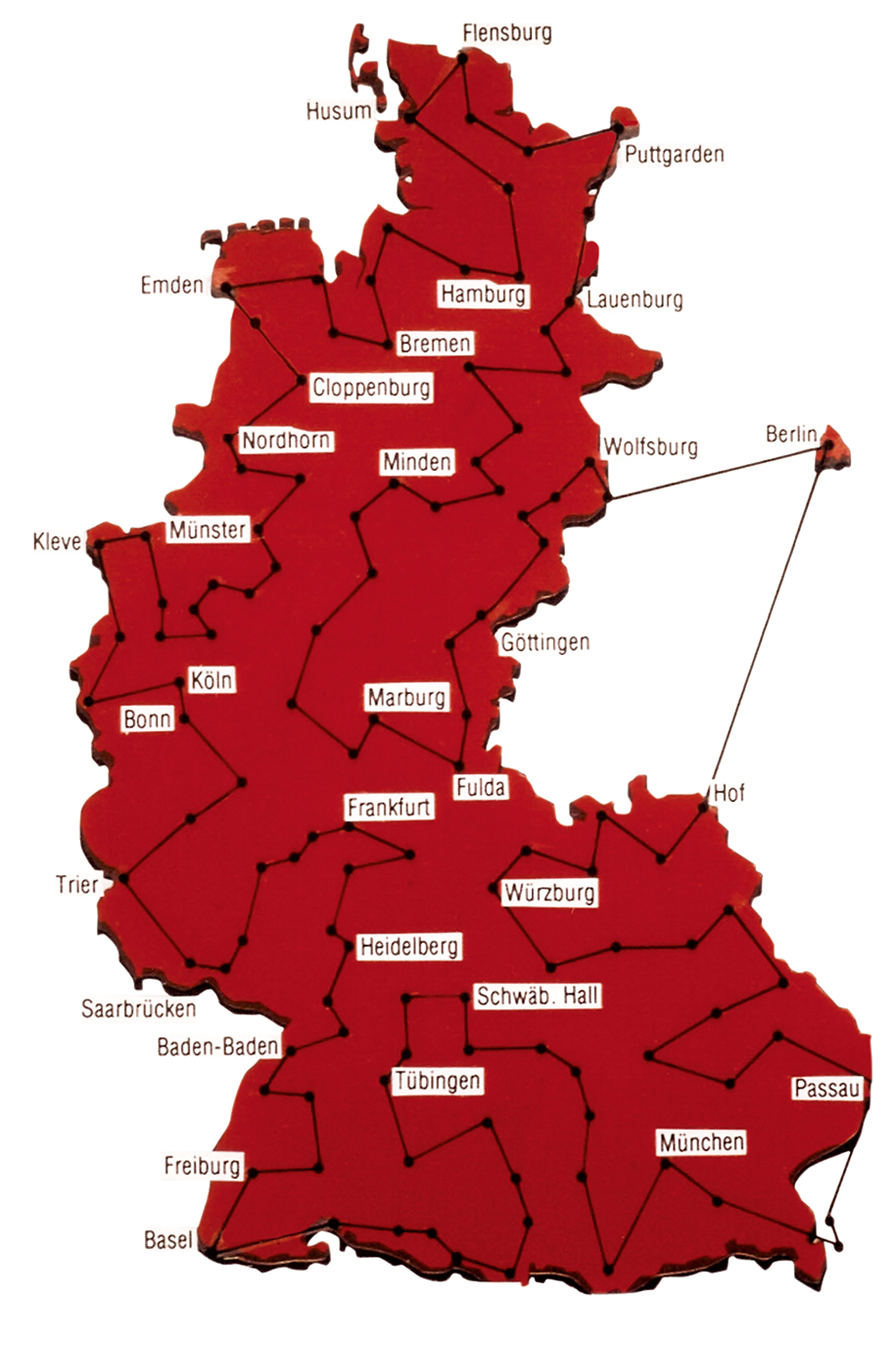 A diagram plotted with a traveling salesman tour of West Germany. In 1977, Martin Grötschel, focusing on a graphical technique known as “comb inequalities,” generated this then-stupefying hundred and twenty city optimized tour of West Germany.