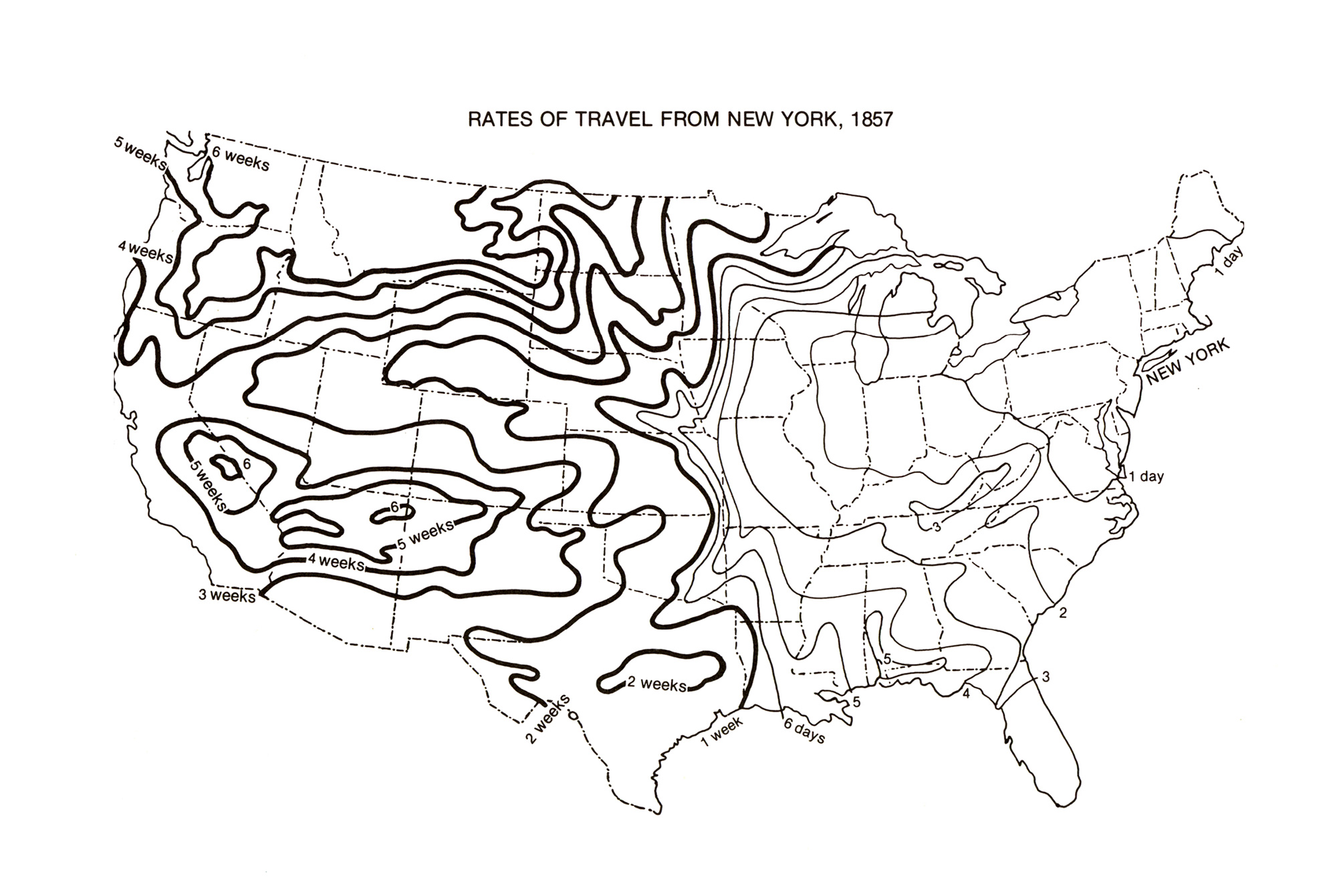 An eighteen fifty-seven isotemporal map of rates of railroad travel from New York.