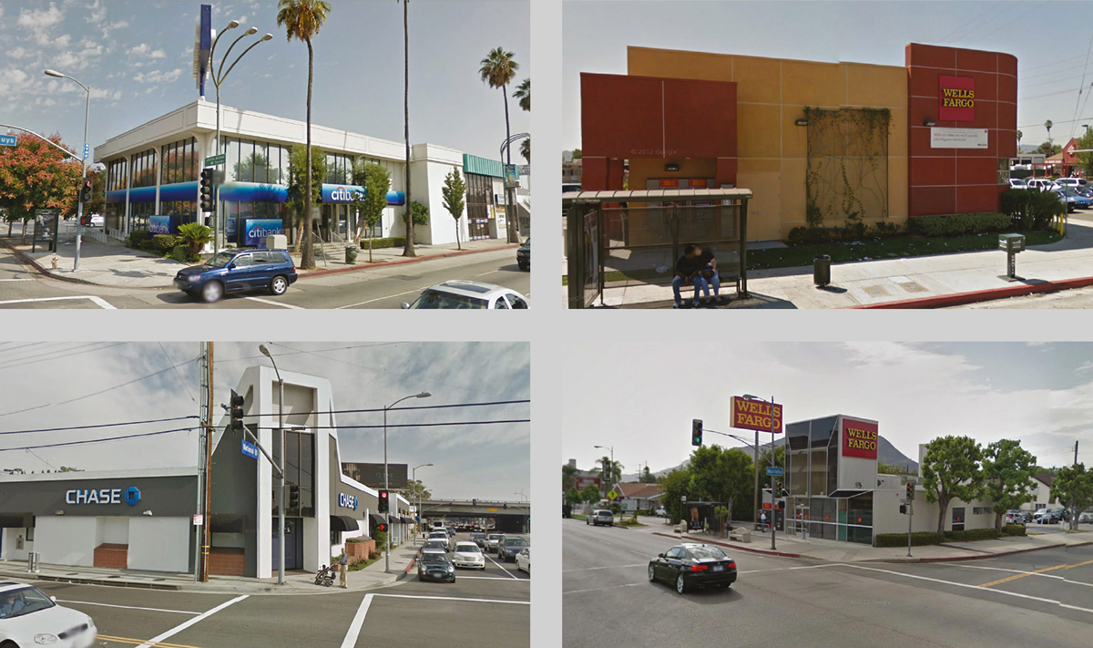 Four photographs of Los Angeles banks that are ripe for plundering.