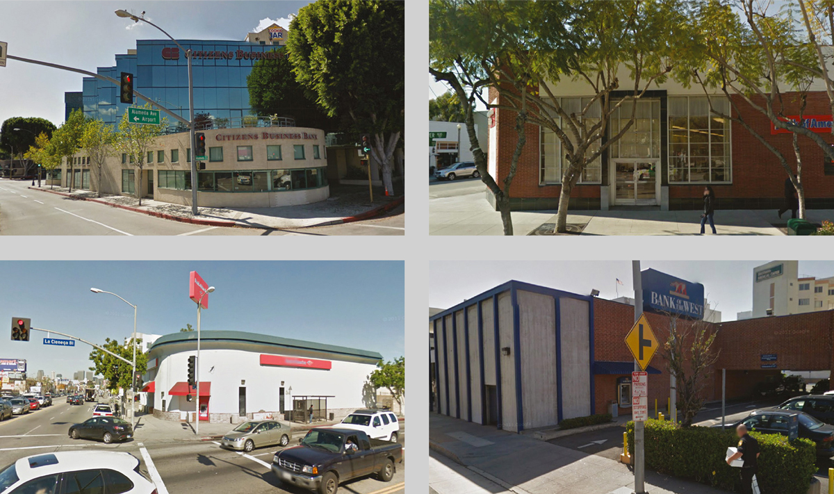 Four photographs of Los Angeles banks that are ripe for plundering.