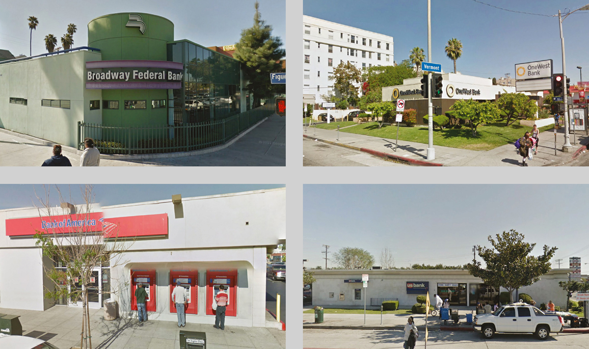 Four photographs of Los Angeles banks that are ripe for plundering.