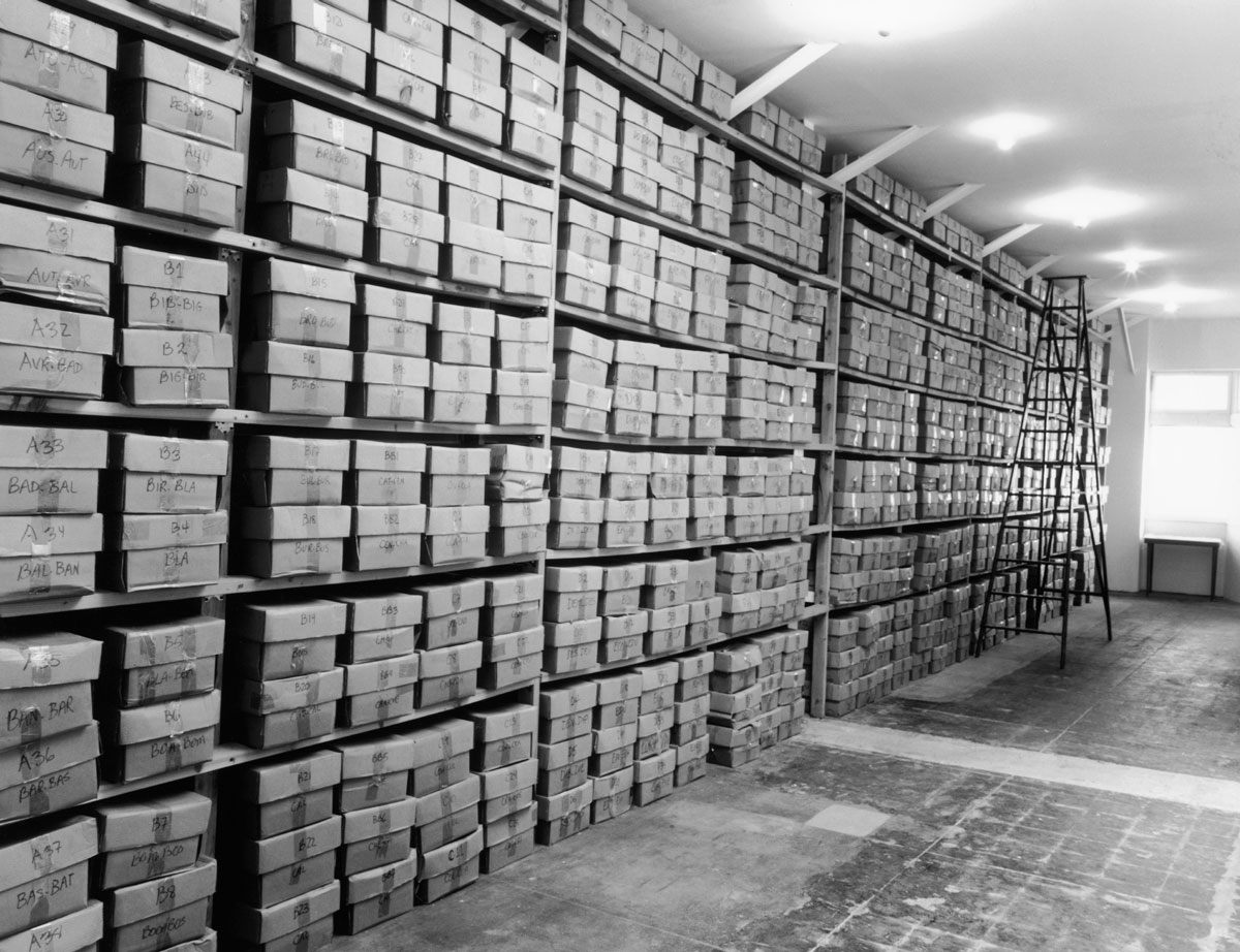 A photograph showing the remains of the discarded card catalogue from the Los Angeles Central Library as it appears in the studio of David Bunn.