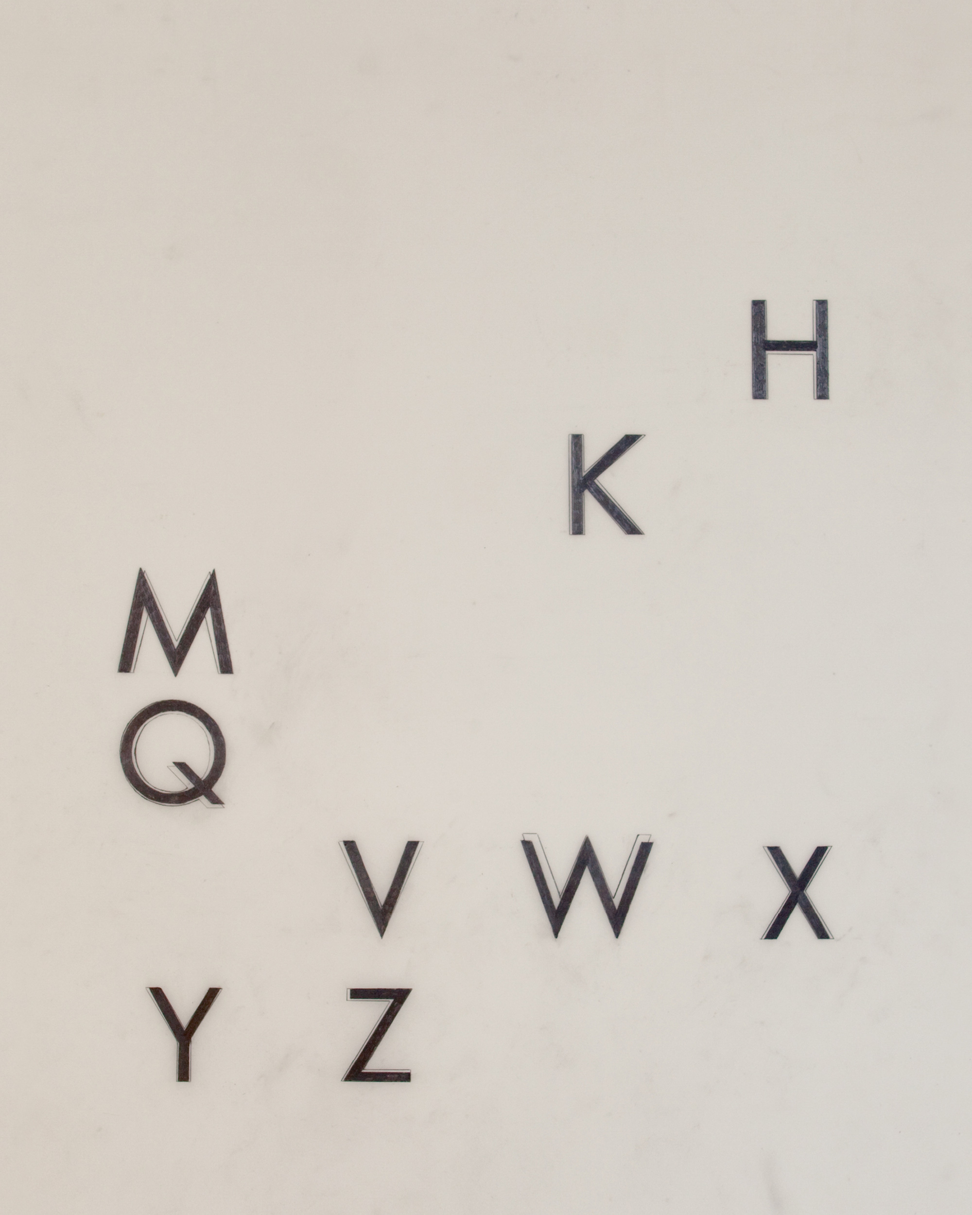 The second page of Jill Magid’s artist project “The Barragán Archives,” featuring a scan of a page on which appear the typed letters H, K, M, Q, V, W, X, Y, and Z. Each letter has been rendered twice, first in Futura type and then overlaid with a second version in Vitrafutura, Vitra’s customized version of the font. The superimposition of the two fonts makes the slight differences between them perceptible.