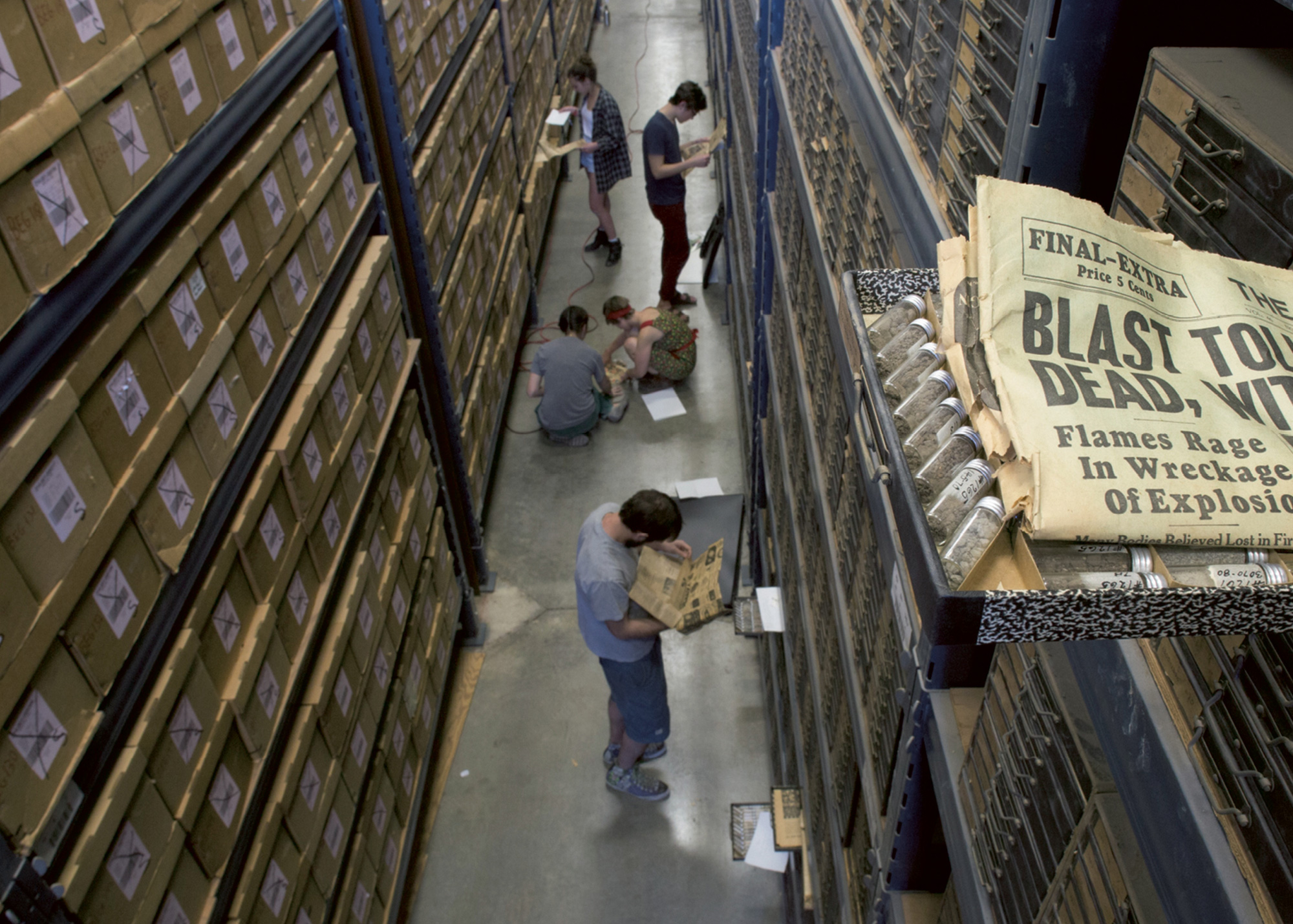 A photograph of shelves of samples at the Austin Core Research Center of the University of Texas.