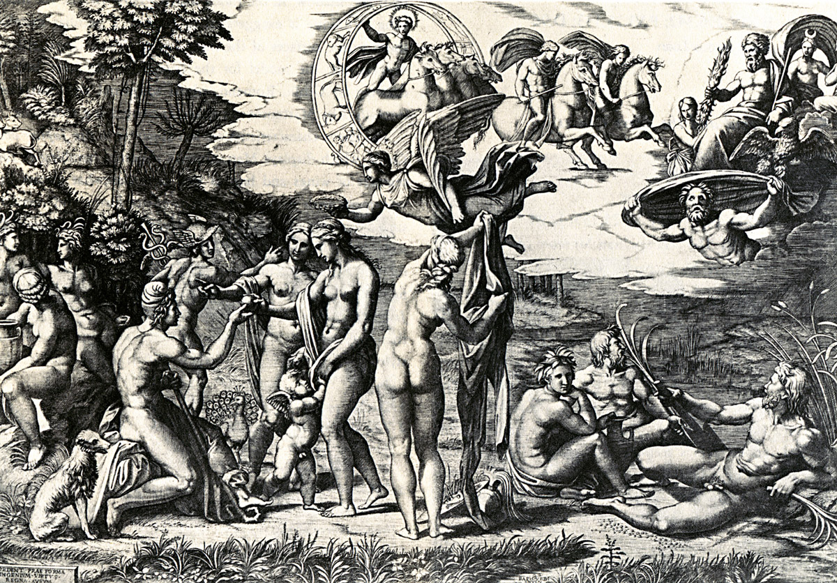 A circa fifteen ten to fifteen twenty engraving by Marcantonio Raimondi titled “The Judgment of Paris.”