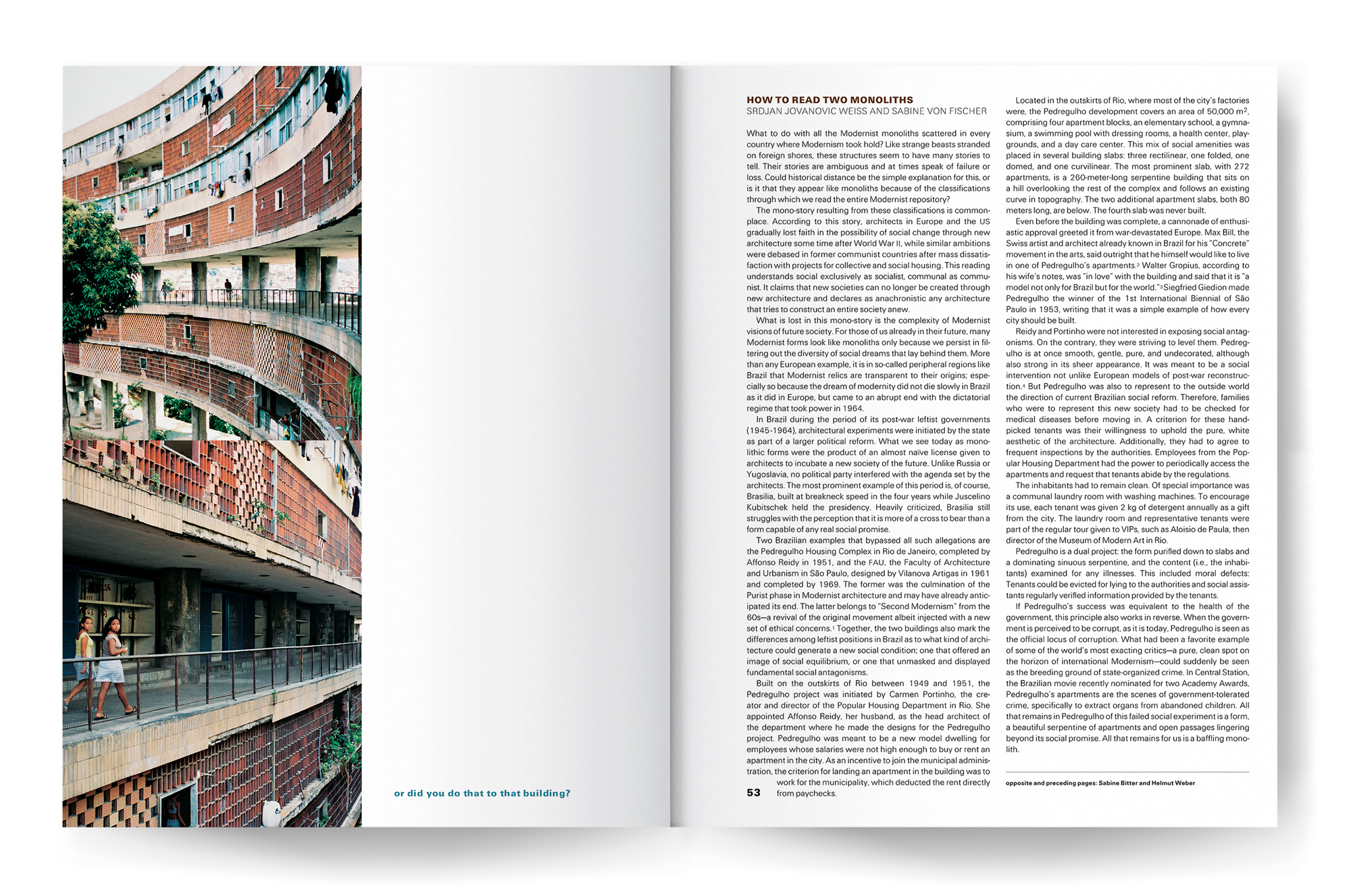 Two photographs of the Pedregulho housing estate in Rio de Janeiro.