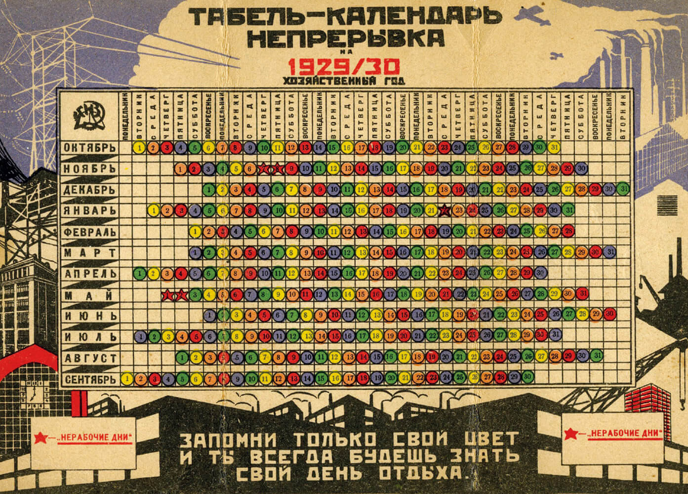 A calendar for nineteen twenty nine to nineteen thirty showing rest days for each of the five worker groups, designated here by different colors. In this version of 