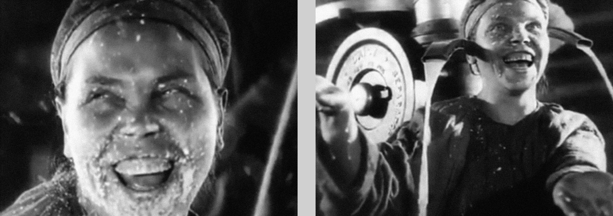 Two digital stills from the “cream-separator” sequence in Sergei Einsenstein’s nineteen twenty nine “The General Line,” in which workers react ecstatically at the cream separation machine as milk falls onto their bodies.