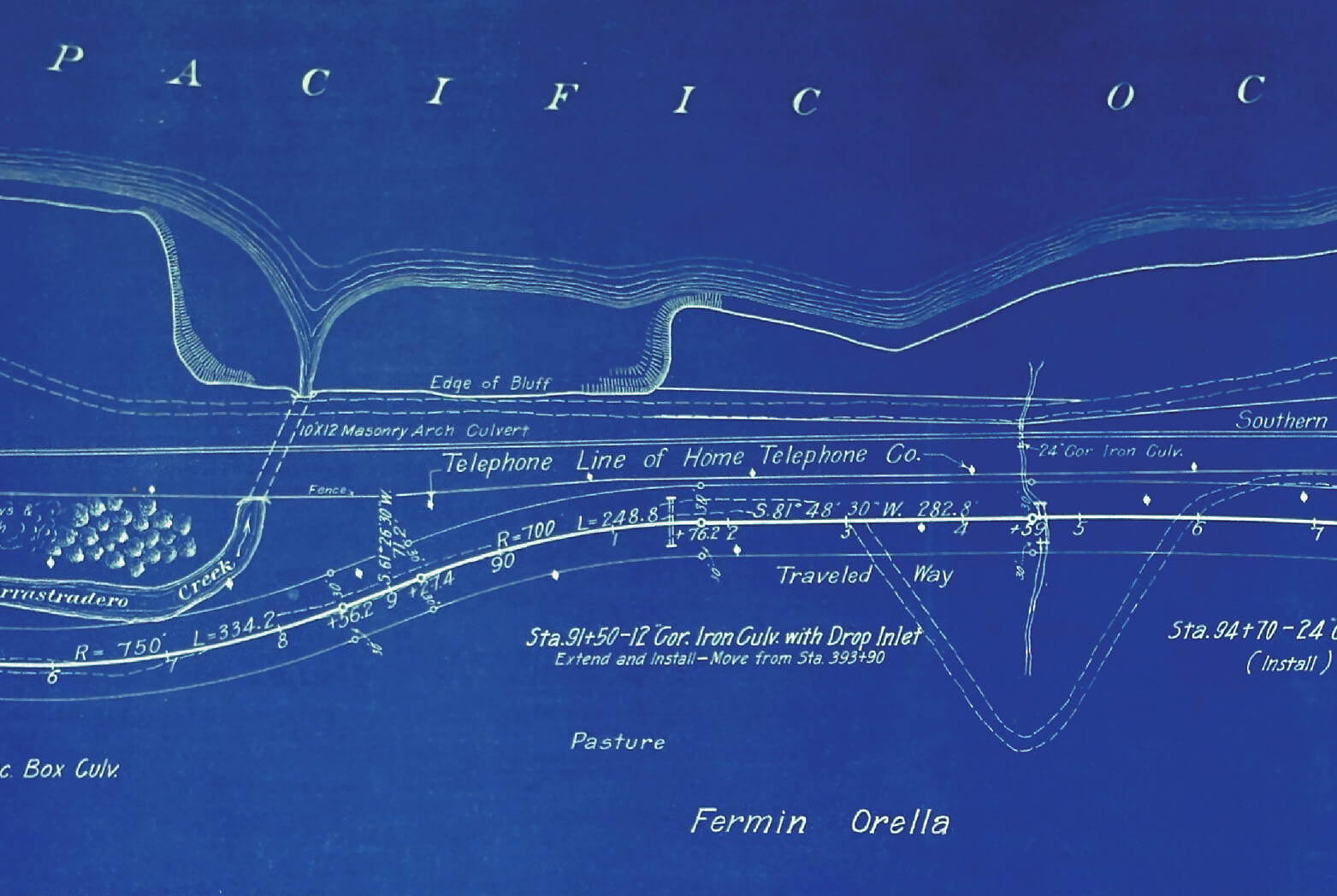 A close-up detail shot of a nineteen fourteen blueprint depicting the course and layout of a new highway, US route one oh one, in the Rancho Canada del Corral area, Santa Barbara County, California. It was along this stretch of road that Murnau’s fatal accident occurred.