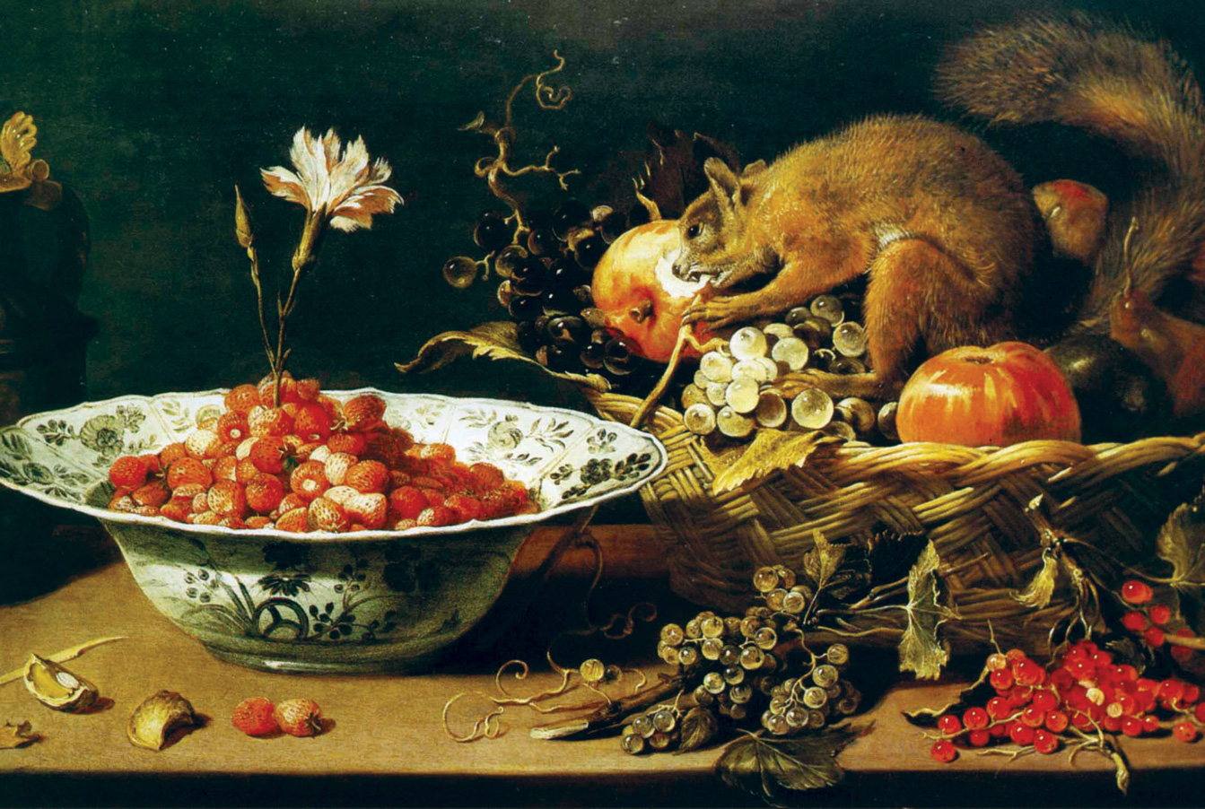 A sixteen fifteen painting by Frans Snyders, titled “Fruit Piece with Squirrel,” depicting a table of fruit with a squirrel biting into an apple.