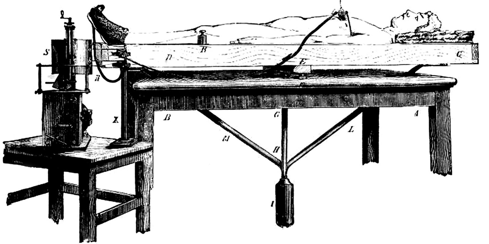 Above: Mosso’s human circulation balance, devised in the early 1880s. Mosso had earlier investigated cerebral circulation during sleep.
Below: This graph, dating from 27 September 1877, records the “brain-pulse” of one of Angelo Mosso’s subjects; the arrow indicates the moment when Mosso approached the sleeping man and whispered his name. Images from Mosso’s book La Paura (Fear), 1884.