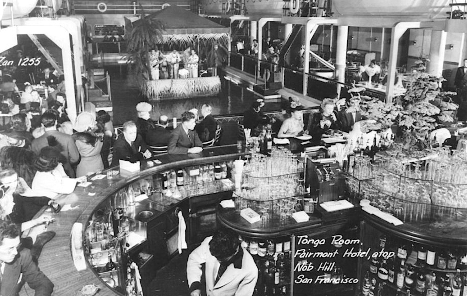 The Tonga Room and Hurricane Bar at the Fairmont Hotel in San Francisco, designed by Mel Melvin, a set designer at Metro Goldwyn Mayer, in 1945.