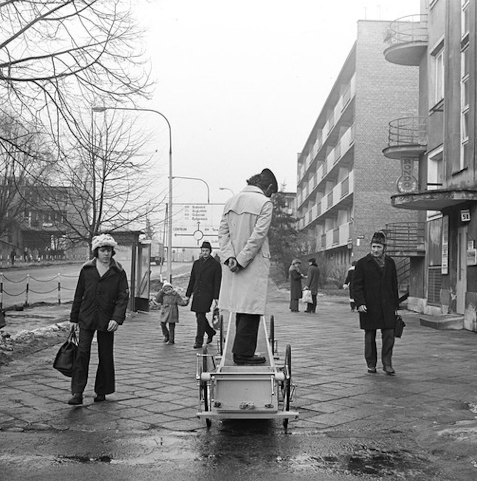 Above and below: Krzysztof Wodiczko operating his Vehicle in Warsaw in 1973.