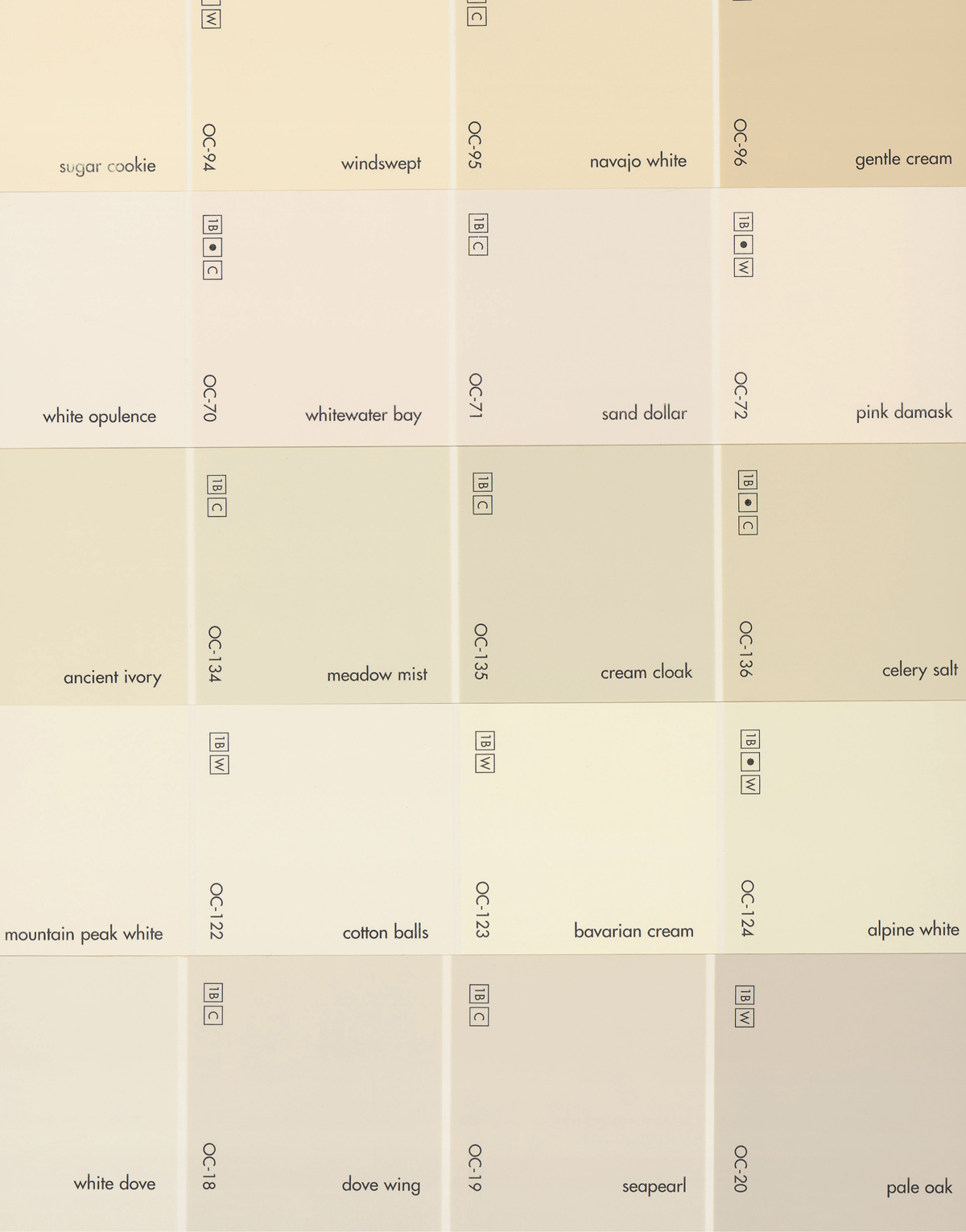 A random sampling of Benjamin Moore’s ‘white’ paint chips.