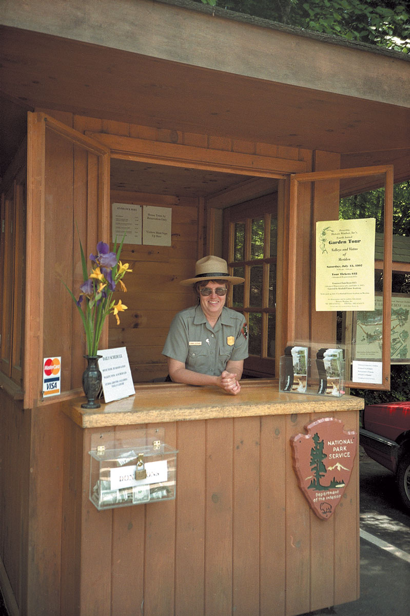 An undated photograph of Connie Gephart (the mother of one of Cabinet's designers) working as an interpeter at the Augustus Saint-Gaudens National Historic Site.