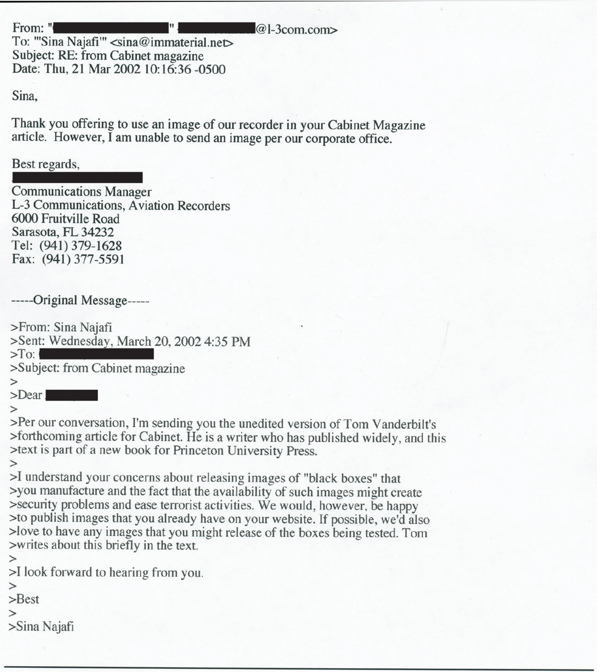 Email from Cabinet to L-3 Communications asking for an image of a flight data recorder to accompany this article, and response from the company denying the request.